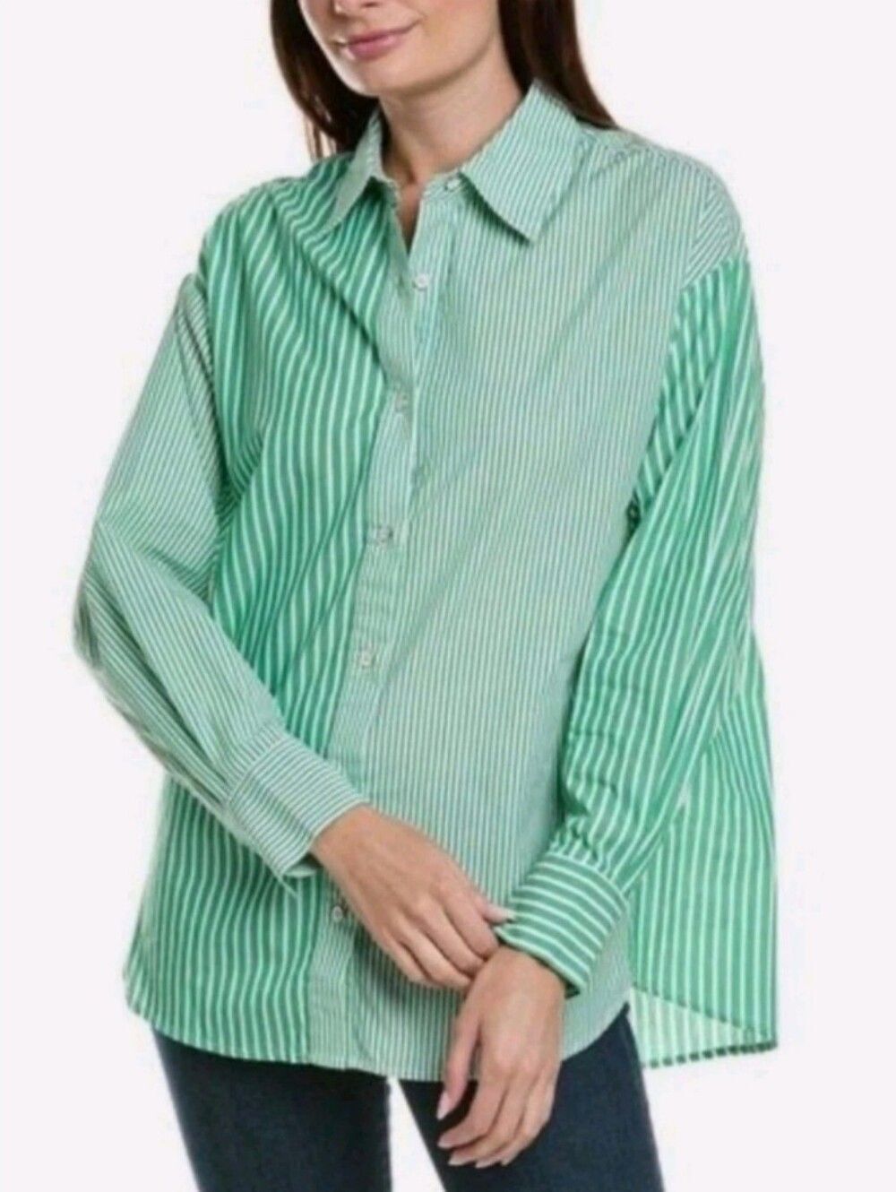 Cabi Dad Green Multi Stripe Collar Oversized Polo Shirt Size S